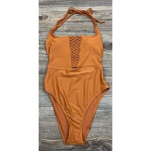 Aerie One-Piece Swimsuit Copper Brown Neck-Tie Size Medium Sexy Beach Resort
